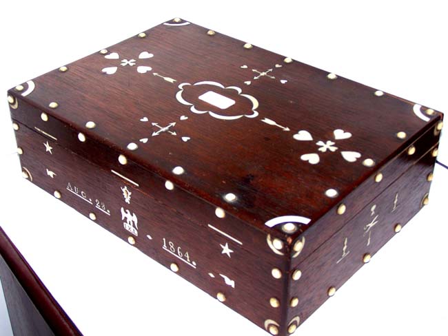 A Charming 19th century Sailor Made Folk Art Sewing Box with Ivory Inlays dated 1864